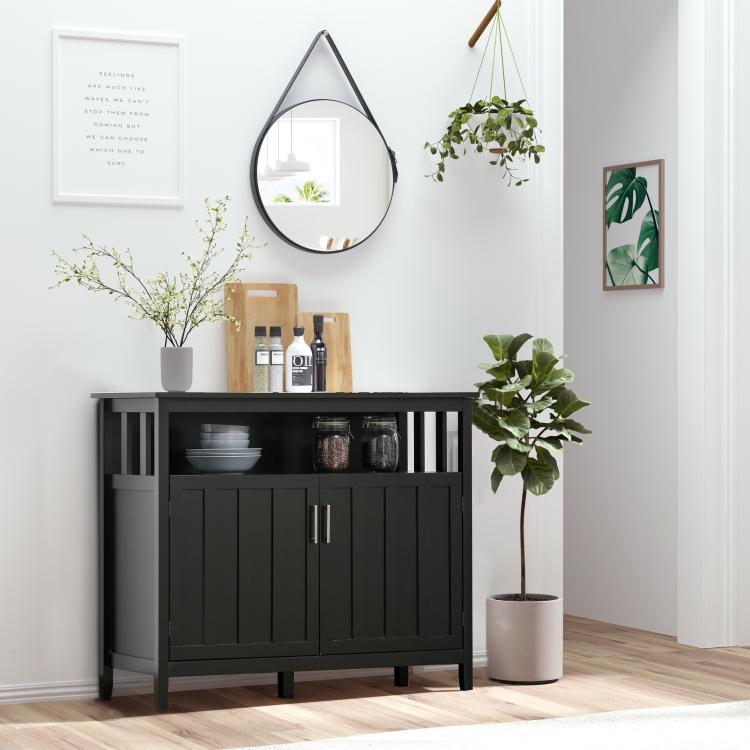 Black kitchen console cabinet with two doors and upper open shelving for storage