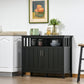Black sideboard cabinet with open upper shelf, two doors, and metal bar handles