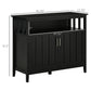 Black buffet cabinet with open shelf top and two paneled doors, squared legs