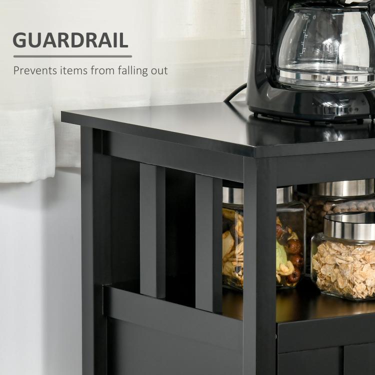 Black open-shelf sideboard with guard rail to help keep items from falling