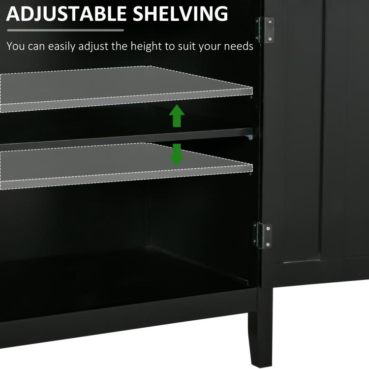 Black adjustable shelving inside sideboard cabinet with metal shelf supports