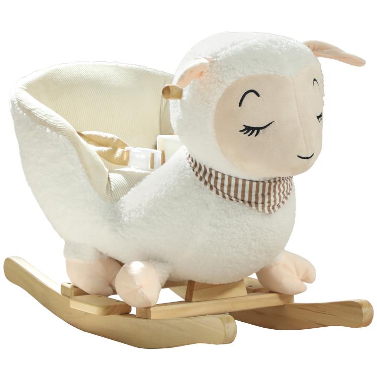 White plush sheep rocking horse with lullaby pillow seat and wooden runners