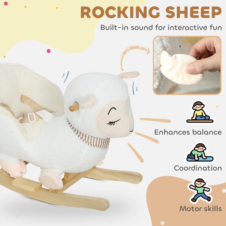 Plush rocking sheep toy with wooden rockers, shown with a close-up of the body.