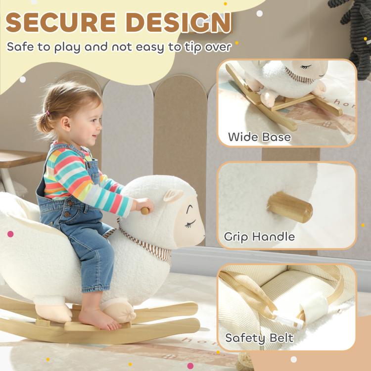 White plush rocking sheep with safety belt and handle on wooden rockers; toddler.