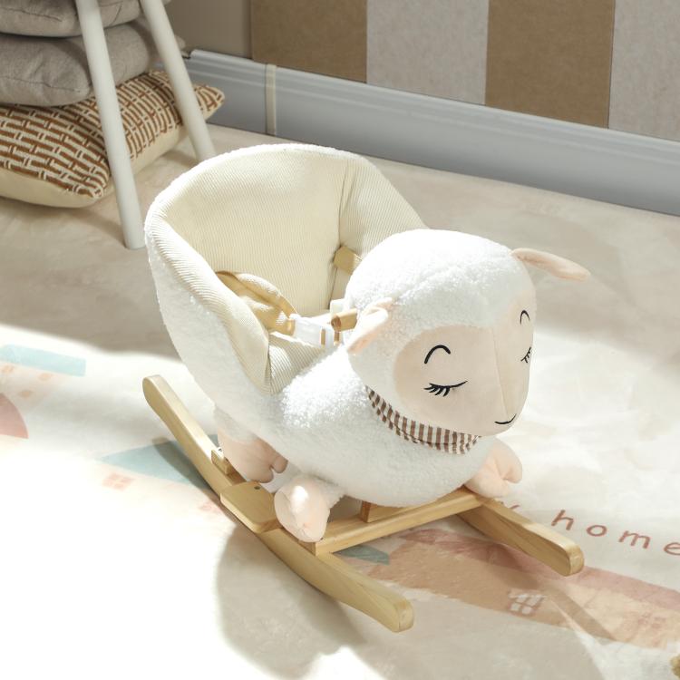 White plush rocking sheep toy with striped scarf and wooden rockers, angled view.