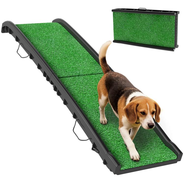Portable pet ramp with green grass non-slip surface and raised side rails, black frame