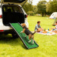 Car pet loading ramp with green textured non-slip surface and protective raised rails