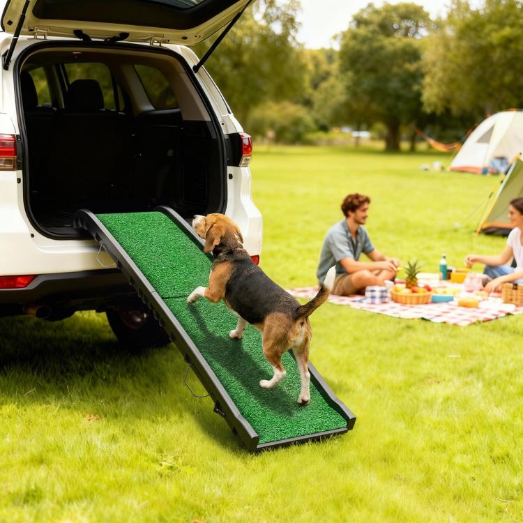 Car pet loading ramp with green textured non-slip surface and protective raised rails