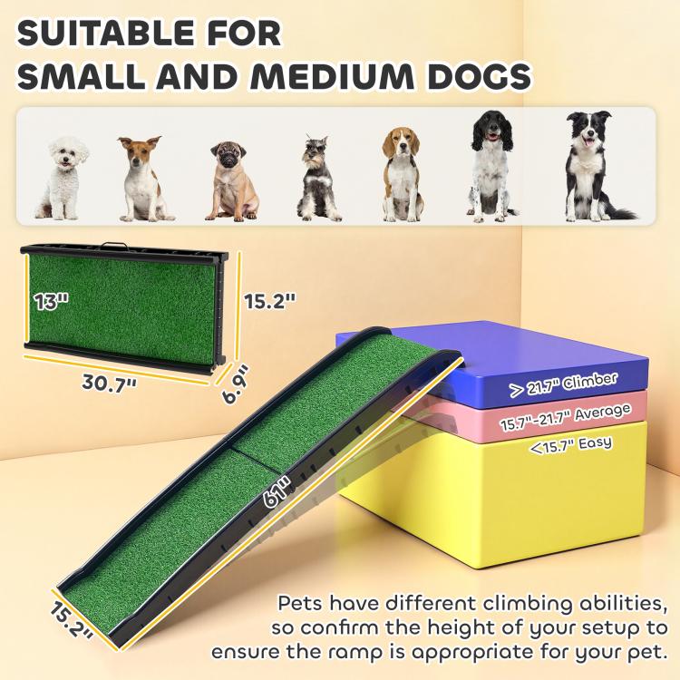 Portable folding dog ramp with green non-slip surface and black anti-slip side rails
