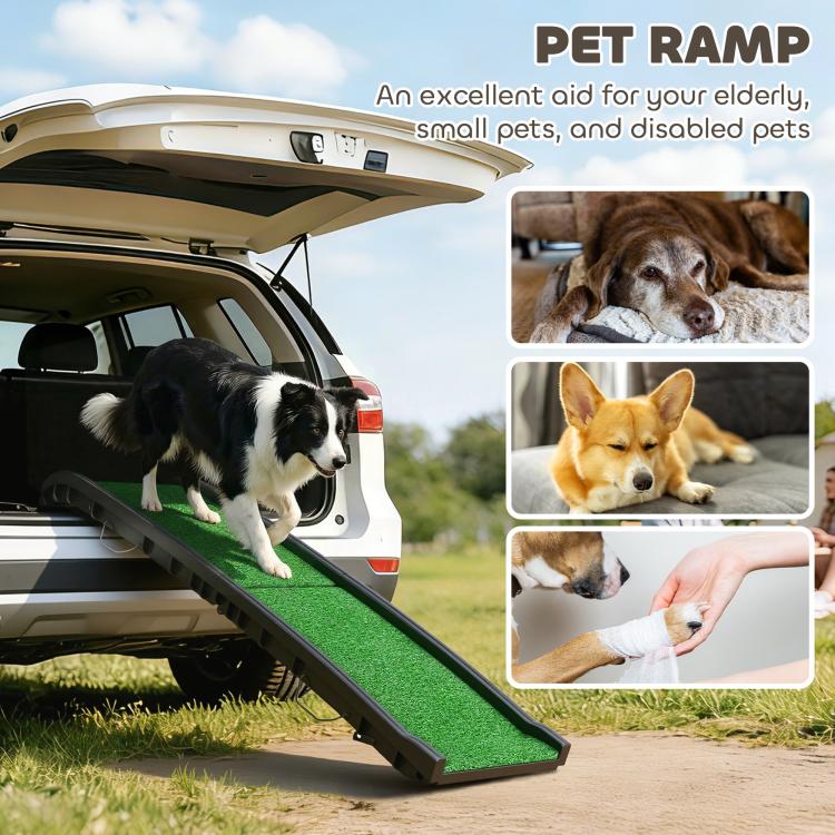 Pet ramp with green grip surface and raised rails for loading from a vehicle