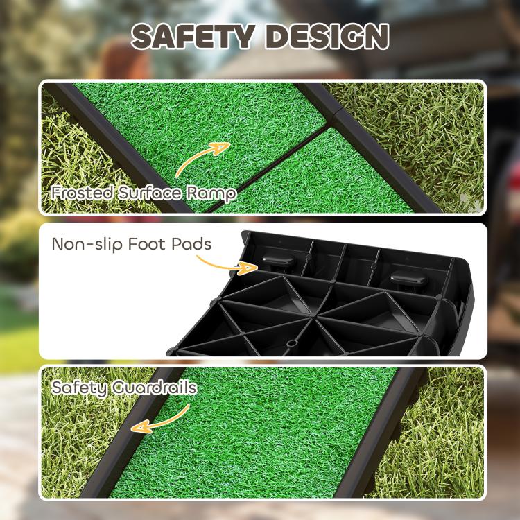 Safety-focused pet ramp with green non-slip surface, anti-slip foot pads, and rails
