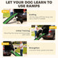 Training pet ramp with green non-slip surface and raised side rails for dog access