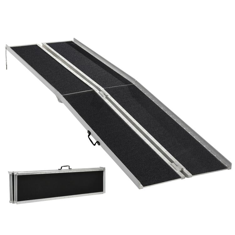 Portable wheelchair ramp with black anti-slip surface and silver folding rails