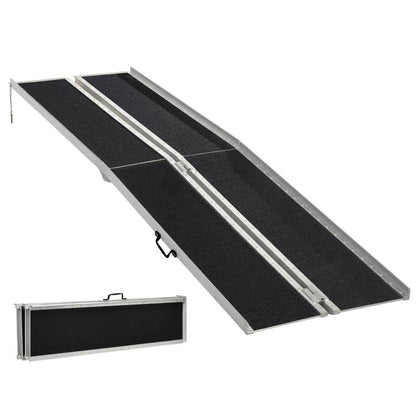 Portable wheelchair ramp with black anti-slip surface and silver folding rails