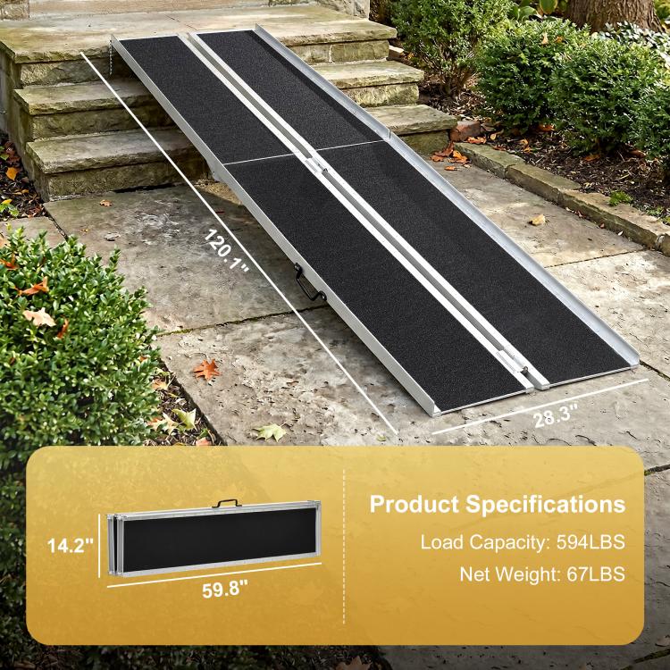 Foldable threshold ramp with black anti-slip surface and silver side braces
