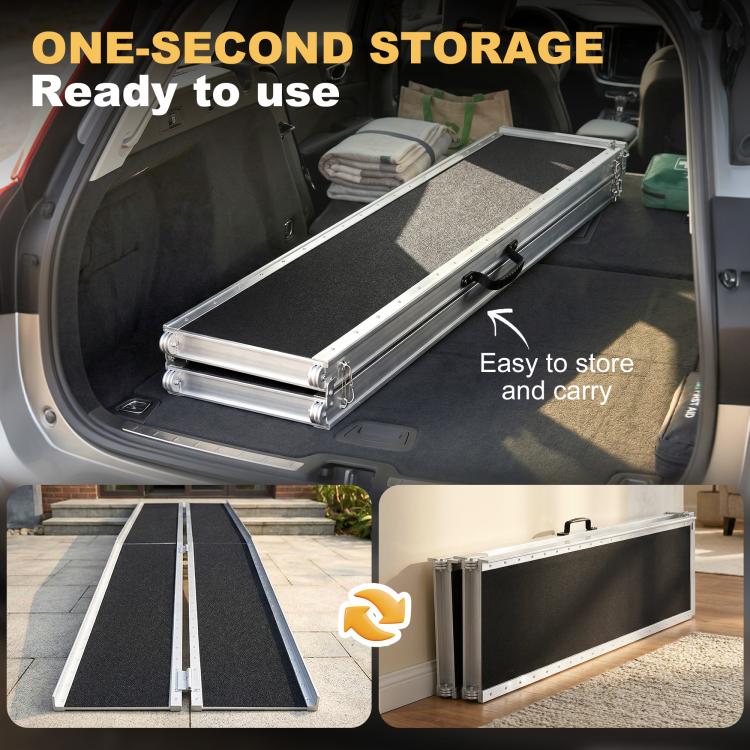 Portable wheelchair ramp laid in vehicle trunk, black anti-slip tread on silver frame