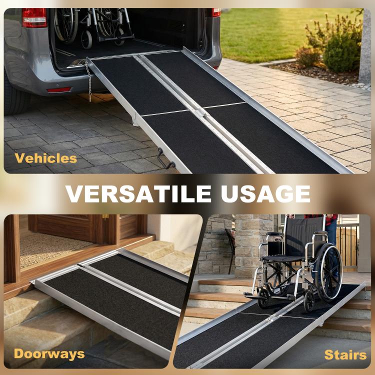 Portable wheelchair ramp extending into doorways, black anti-slip tread on silver frame