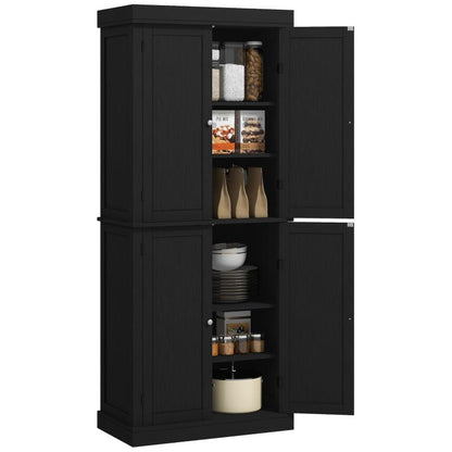 Black pantry storage cabinet with doors, interior shelves, and countertop-ready organizers