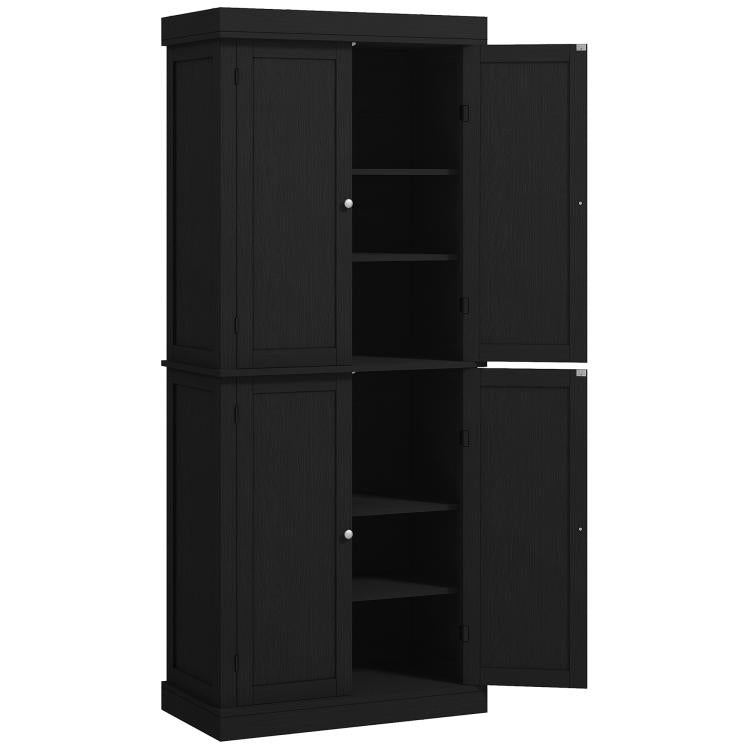 Black freestanding pantry cabinet with two door pairs and open interior shelving