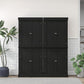 Freestanding black pantry cabinet with wood-grain doors and shelves, four-door design