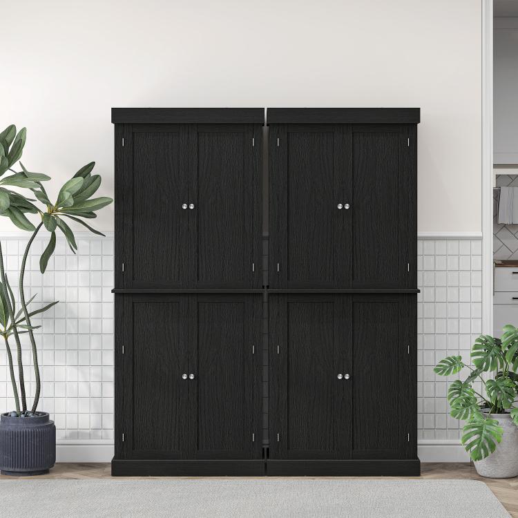 Freestanding black pantry cabinet with wood-grain doors and shelves, four-door design