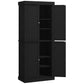 Black pantry cabinet with open doors showing interior shelves and four hinged cabinet doors