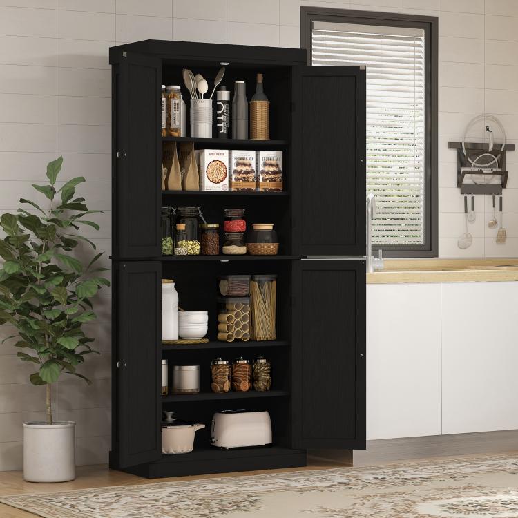 Black pantry cabinet with doors opened to show multi-tier shelves for kitchen items