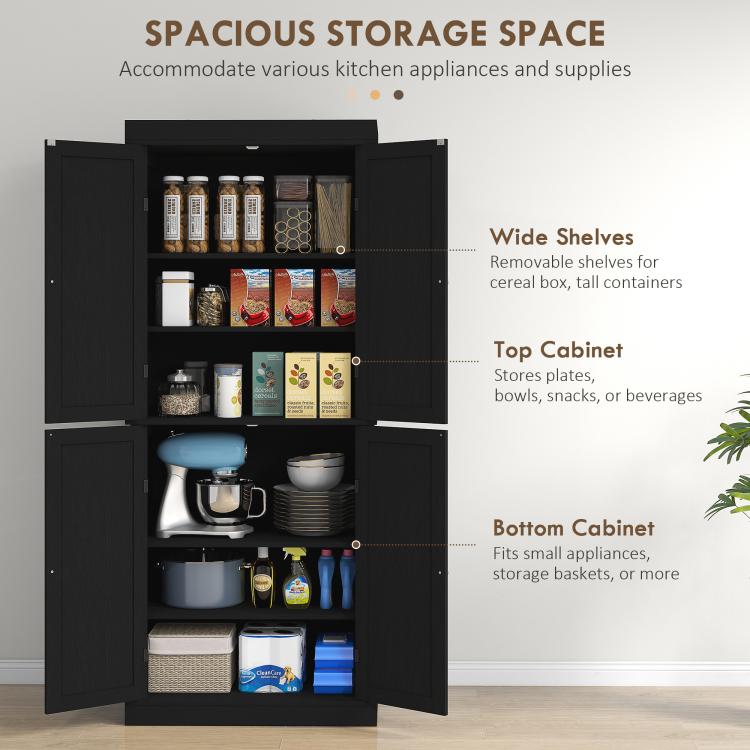 Black pantry storage cabinet with wide shelves and top/bottom storage compartments