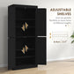 Black pantry cabinet with adjustable shelves and open doors for flexible storage heights