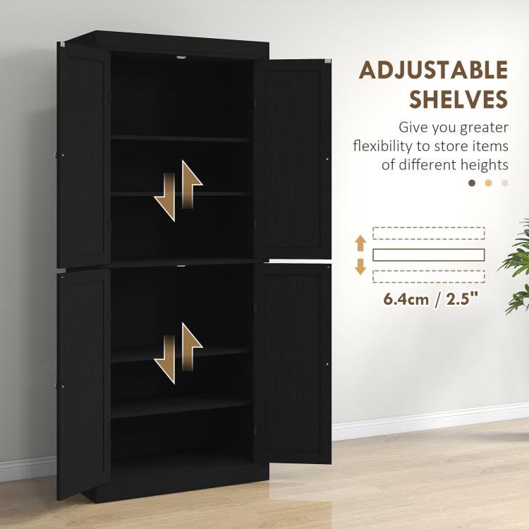 Black pantry cabinet with adjustable shelves and open doors for flexible storage heights