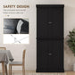 Black two-door pantry cabinet with anti-tip hardware and stacked storage doors