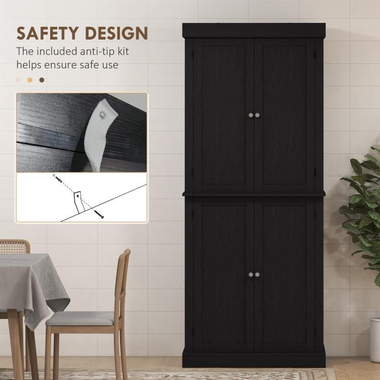 Black two-door pantry cabinet with anti-tip hardware and stacked storage doors