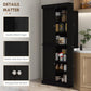Black pantry cabinet details with metal hinges, shaker-style door panel, silver knobs