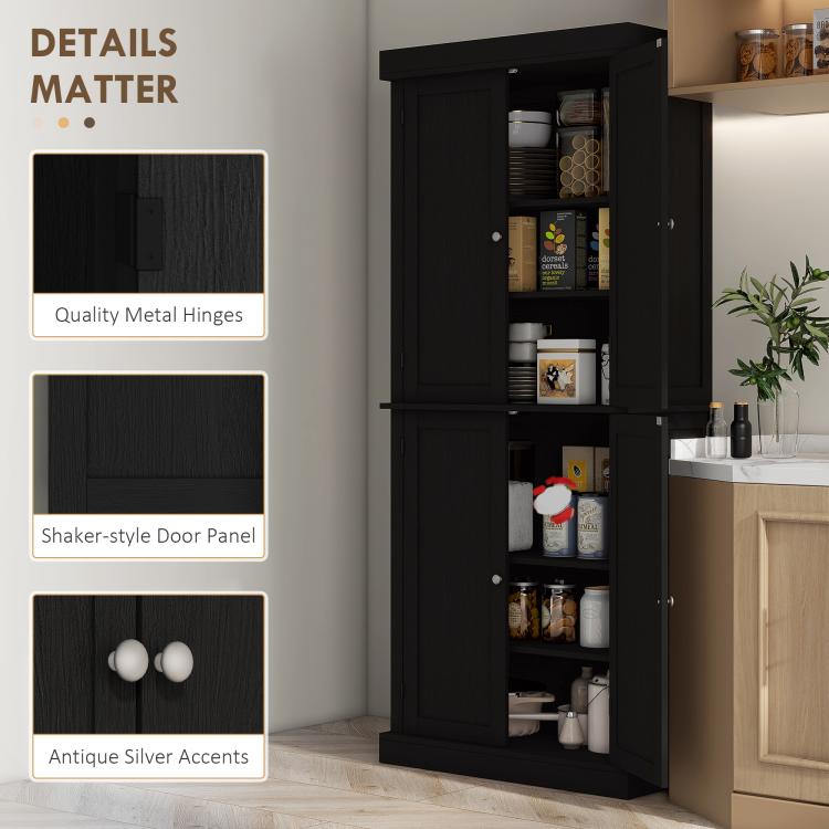 Black pantry cabinet details with metal hinges, shaker-style door panel, silver knobs