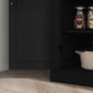 Black pantry cabinet door with textured wood-grain finish and silver knob