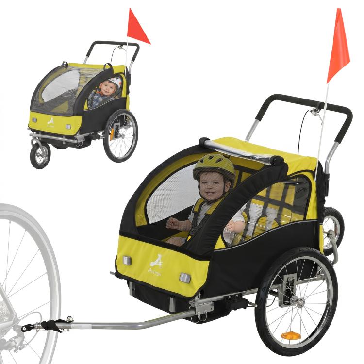 2-seat yellow and black bike trailer with two mesh windows and orange safety flag