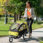 2-seat yellow and black bike trailer with curved canopy, mesh windows, and orange flag