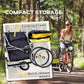 Yellow and black bike trailer with folding frame and front wheel, shown folded
