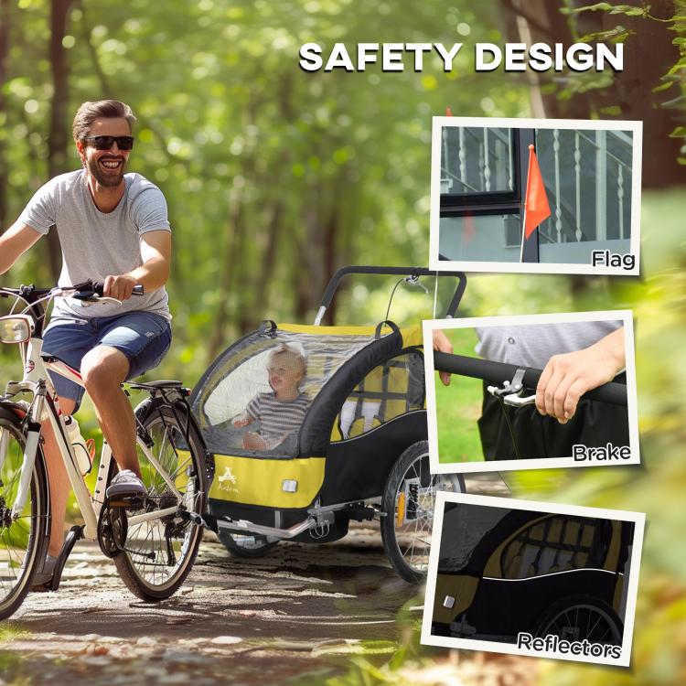 Yellow and black bike trailer with brake, reflectors, and mesh window