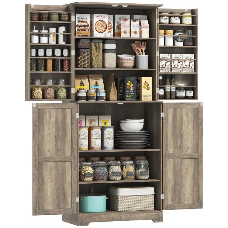 Farmhouse kitchen pantry cabinet in gray wash, open with barn doors and stocked interior shelves