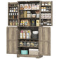 Gray wash kitchen pantry cabinet with barn doors open, multiple shelves for jars and cookware