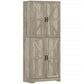 Gray wash tall pantry cabinet with two double barn doors and black pulls