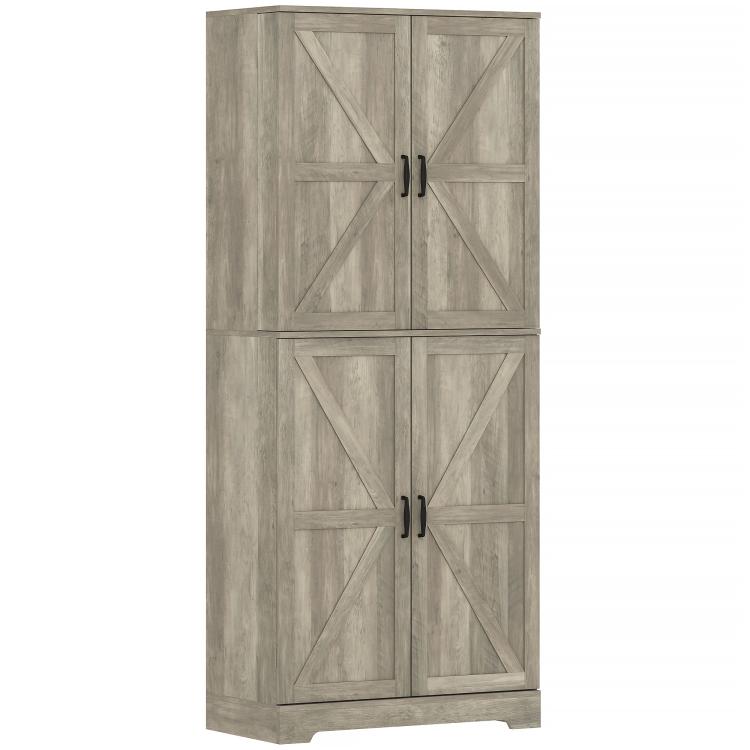Gray wash tall pantry cabinet with two double barn doors and black pulls