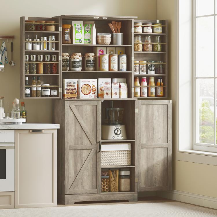 Gray wash pantry cabinet with barn doors, open lower compartment and shelf storage inside
