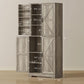 Gray wash tall pantry cabinet with barn-style doors, measured side view