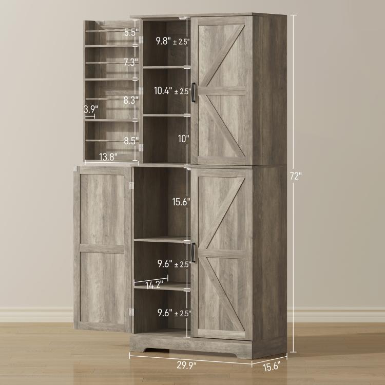 Gray wash tall pantry cabinet with barn-style doors, measured side view
