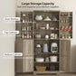 Gray wash kitchen pantry cabinet open, top shelves and bottom compartments for appliances