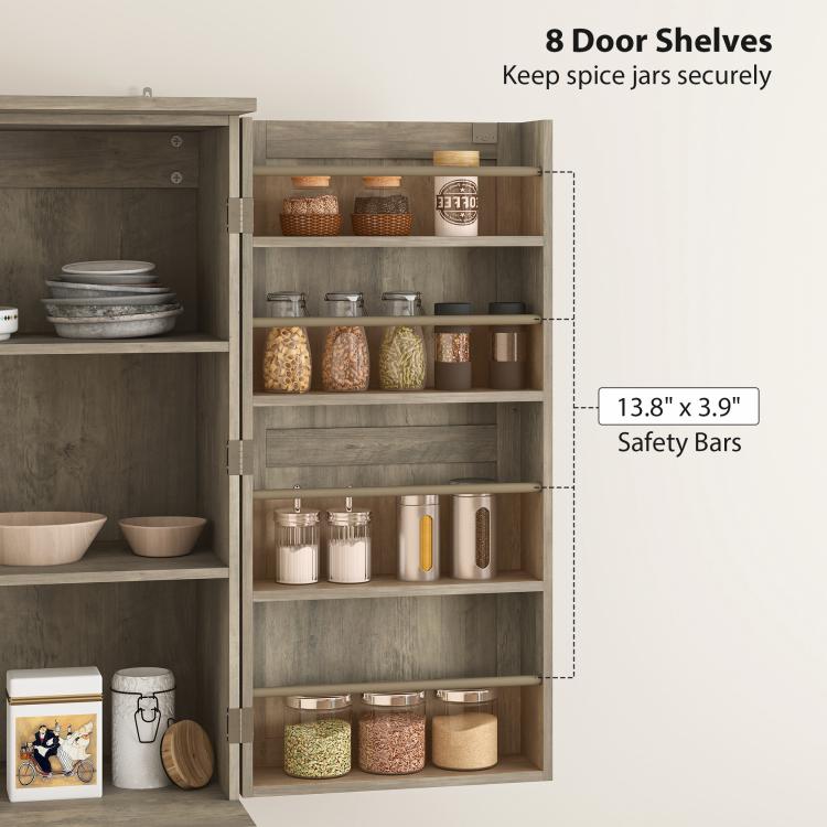 Gray wash pantry cabinet interior with door shelves, spice jars, and safety bars