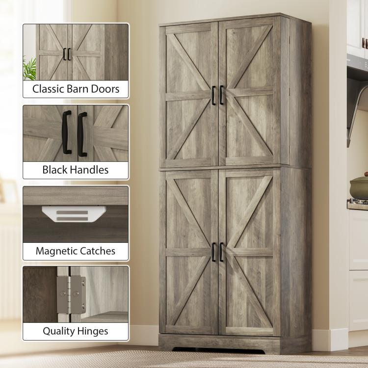 Gray wash pantry cabinet with barn doors, black handles, and visible hinges