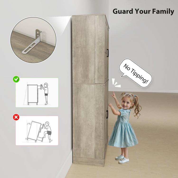 Gray wash tall pantry cabinet with anti-tip wall bracket and sturdy side hinges
